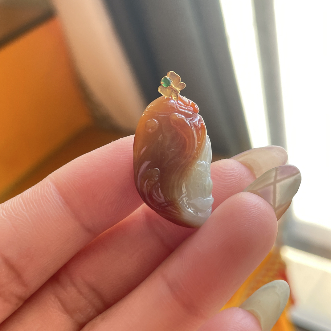 纯天然缅甸翡翠特色双鱼莲花鱼挂件漏价