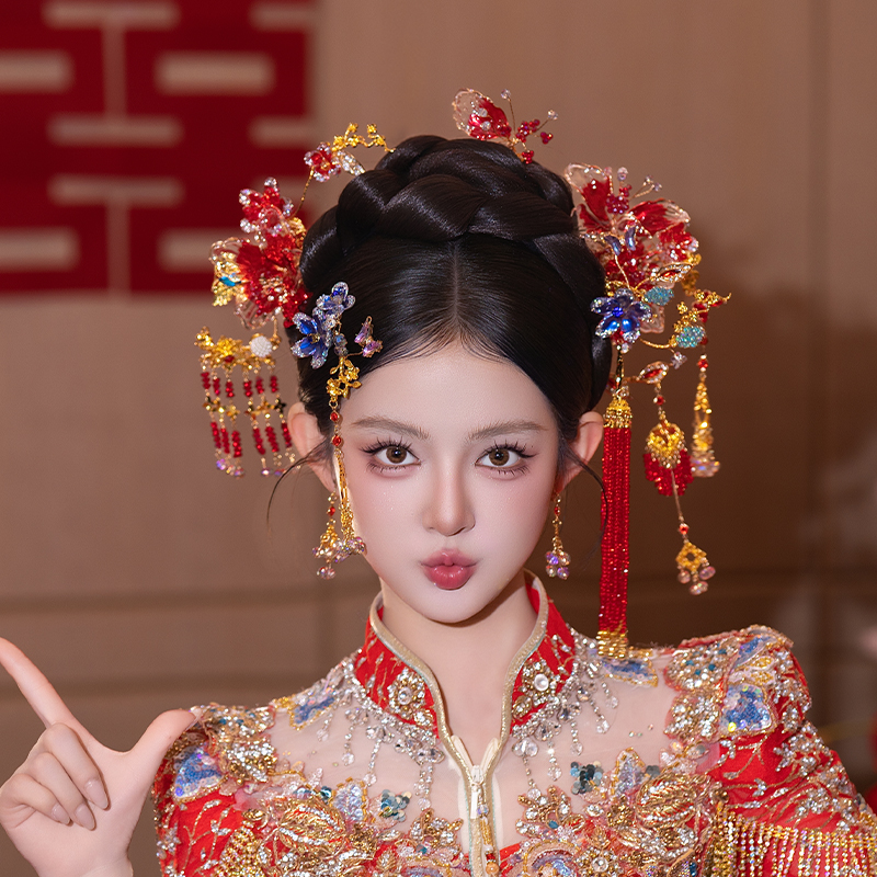 合金婚庆饰品 国风新娘红色渐变中式超仙宫廷复古婚礼头饰品D0659