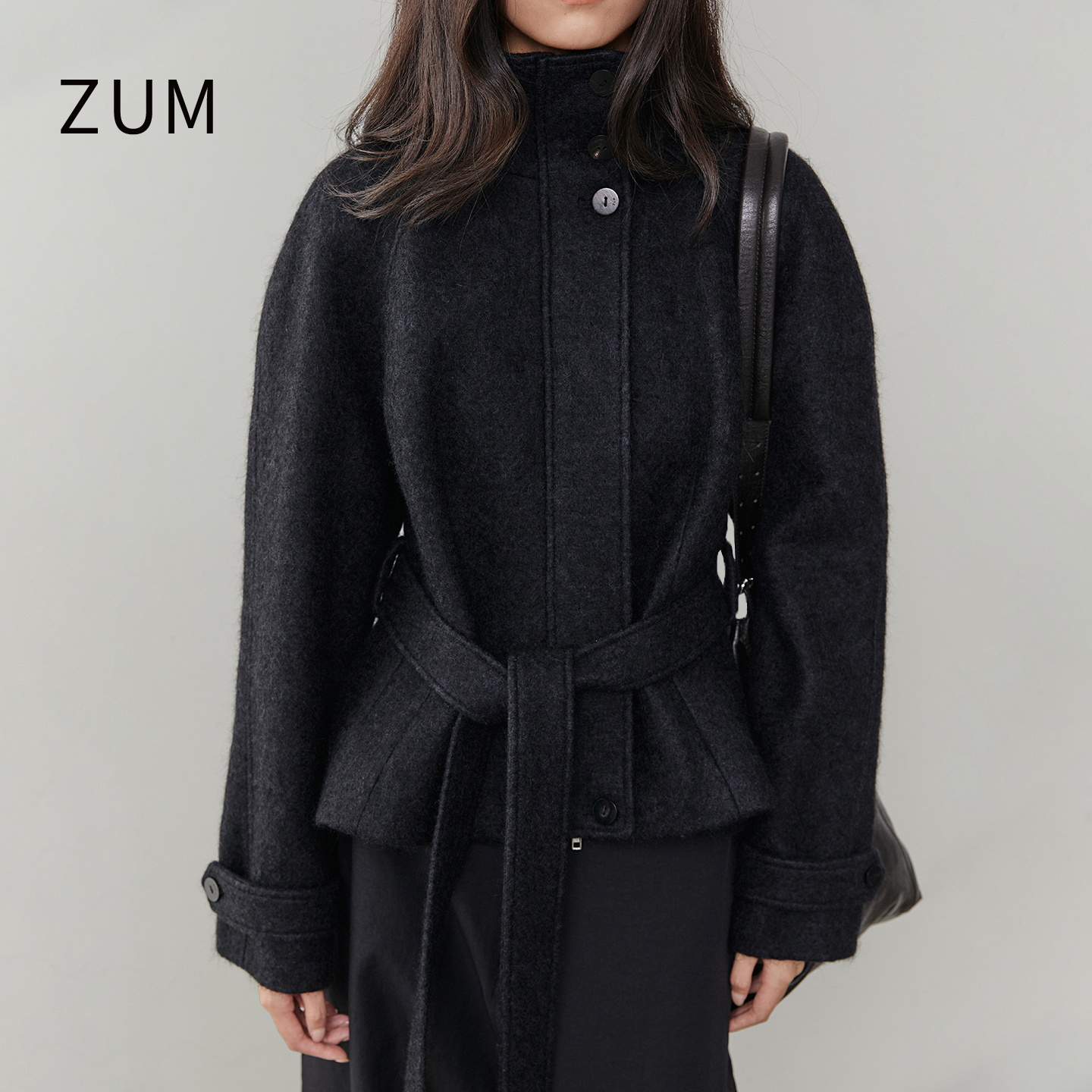 ZUM |10%羊驼毛 |廓肩收腰短外套25冬新款黑色系带气质短大衣