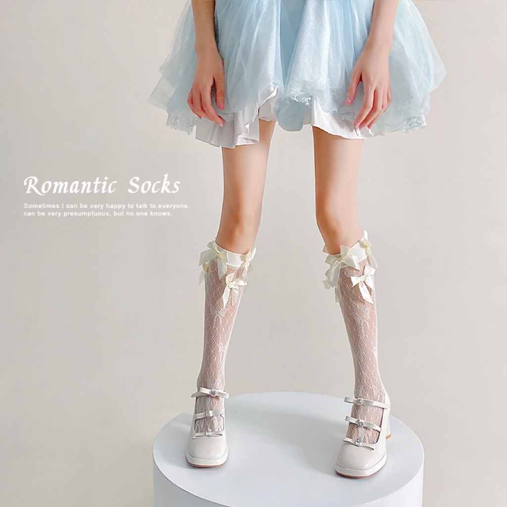 蝴蝶结白色蕾丝春夏季薄款透气长筒袜女芭蕾风镂空洛丽塔小腿长袜