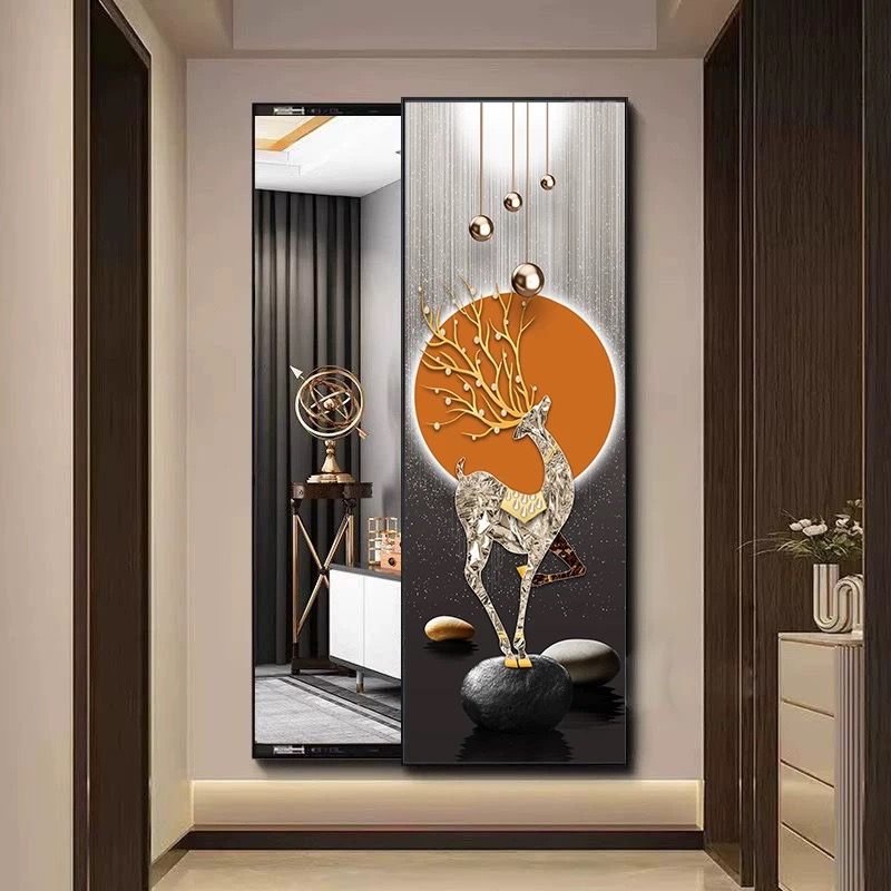 轻奢鹿隐藏式全身镜隐形推拉镜子挂画卧室壁画隐形穿衣镜