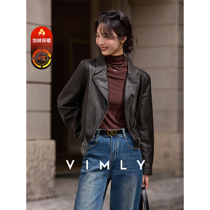F梵希蔓咖色复古机车风翻领短款皮衣外套女冬加绒加厚夹克30573