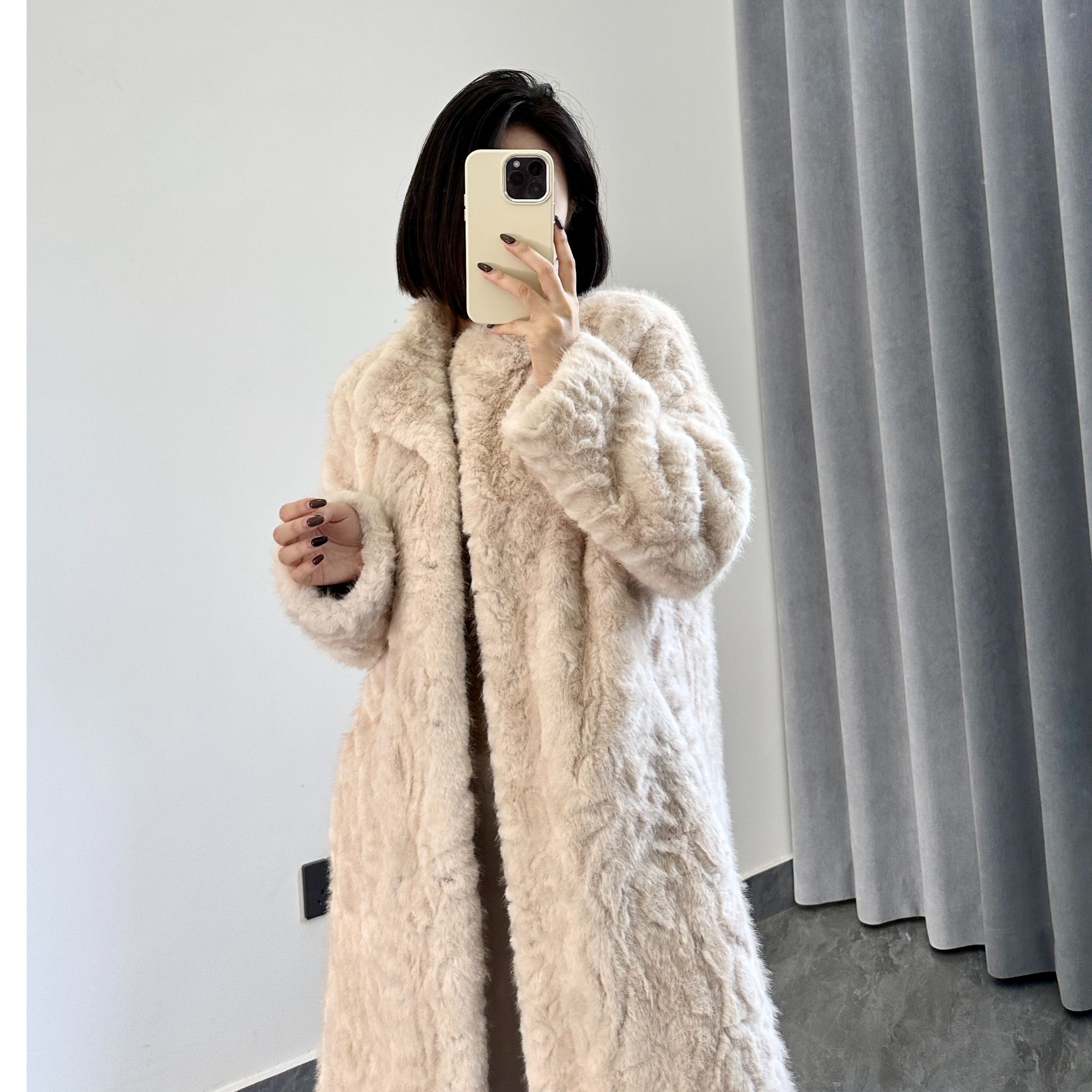 人造皮草 雪斐娜冬季长款外套皮草仿羊羔毛立领直下摆加厚大衣