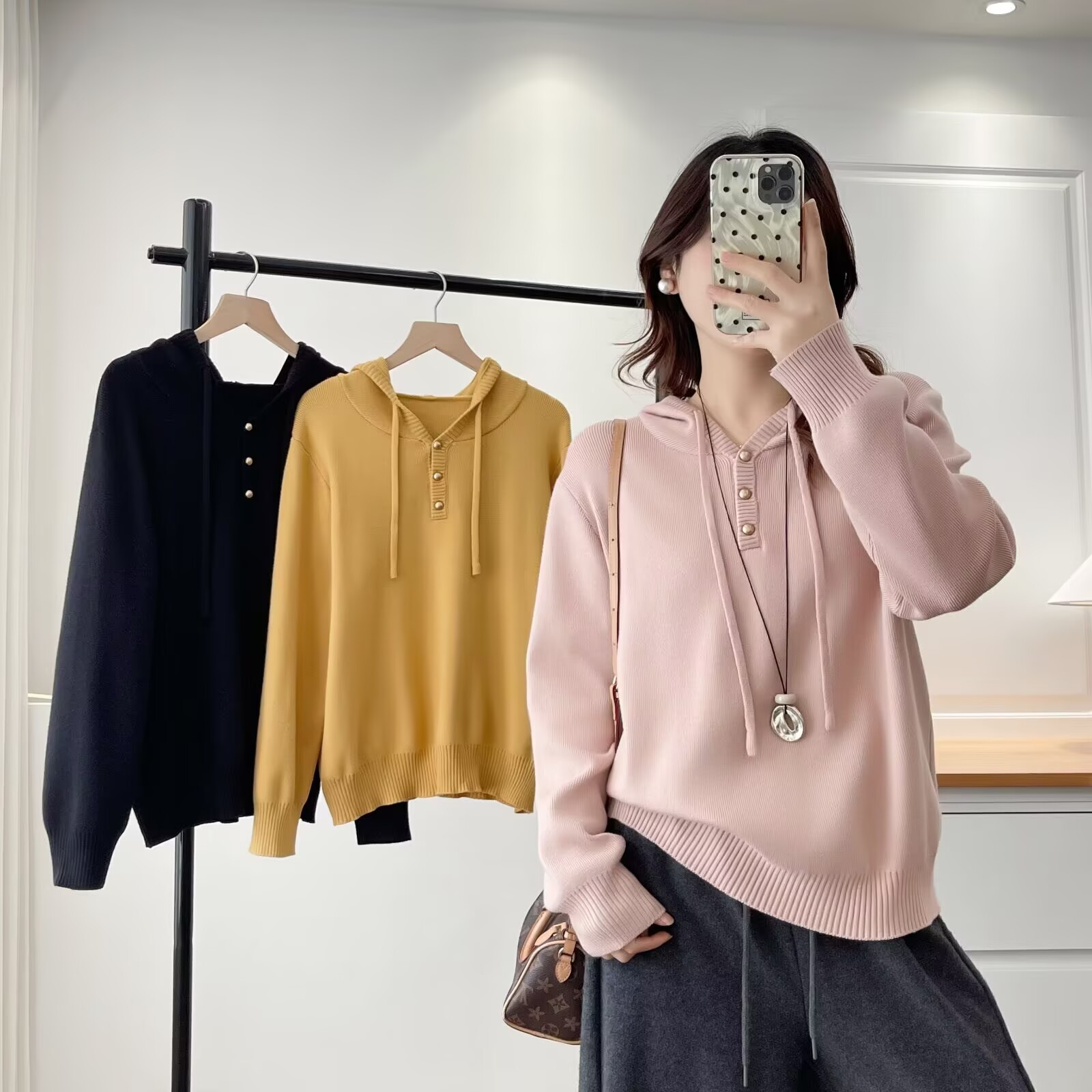 2025冬季新款加厚连帽针织衫宽松显瘦时尚洋气休闲百搭毛衣纯色