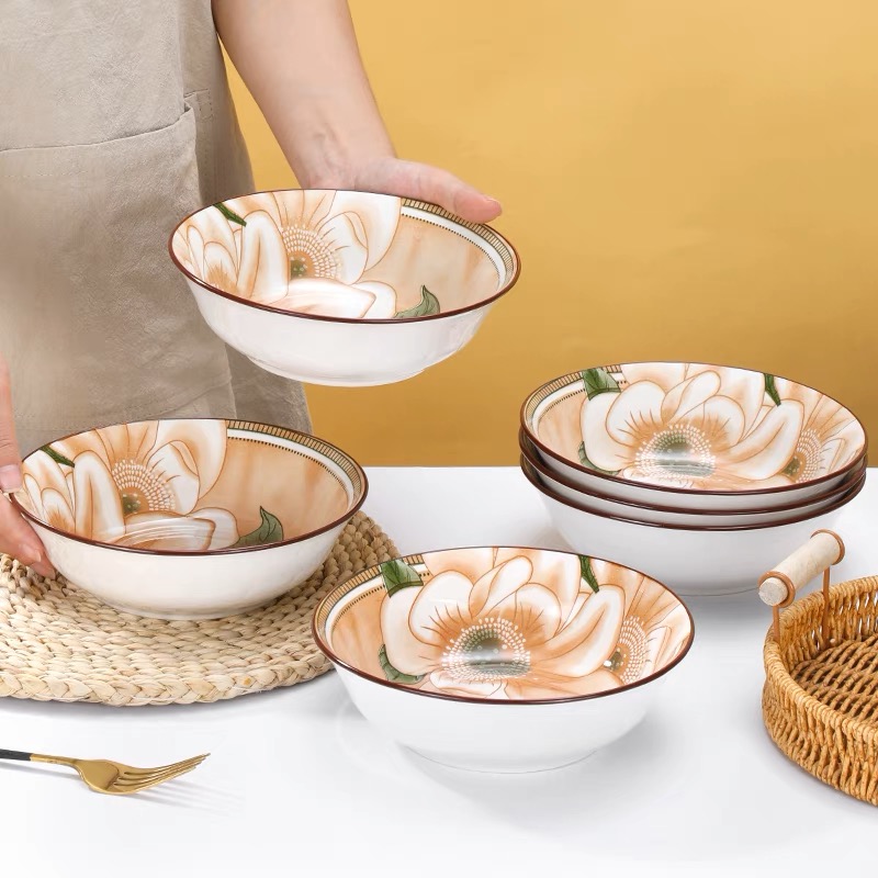 【108上】4只7英寸山茶花家用颜值陶瓷餐具米饭碗面碗沙拉碗汤碗