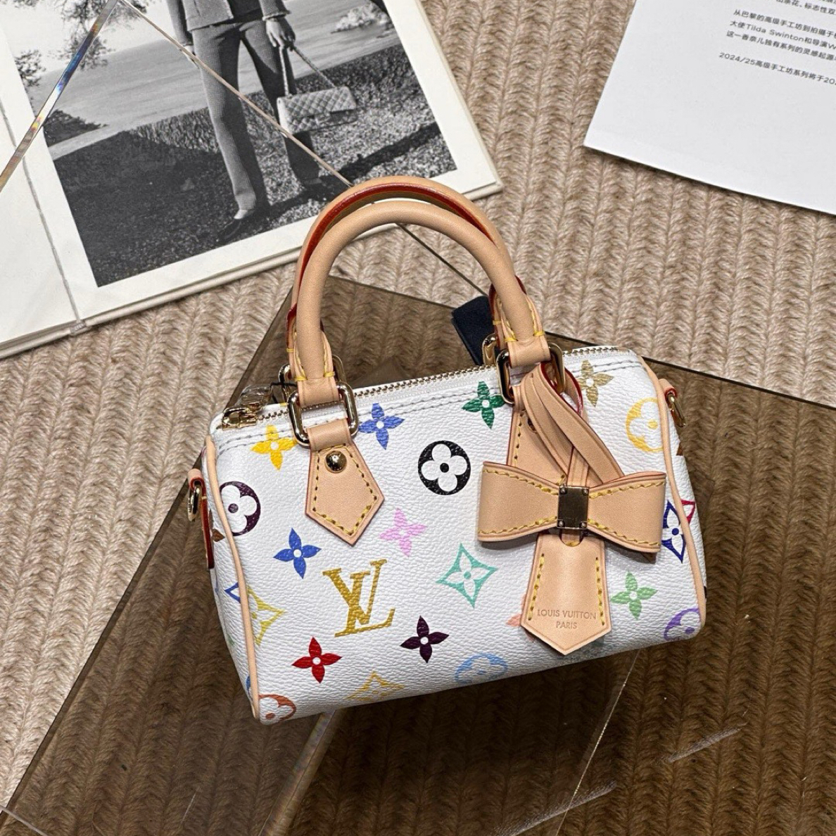 99新 LouisVuitton/路易威登 白三彩Speedy nano 手提单肩斜挎包