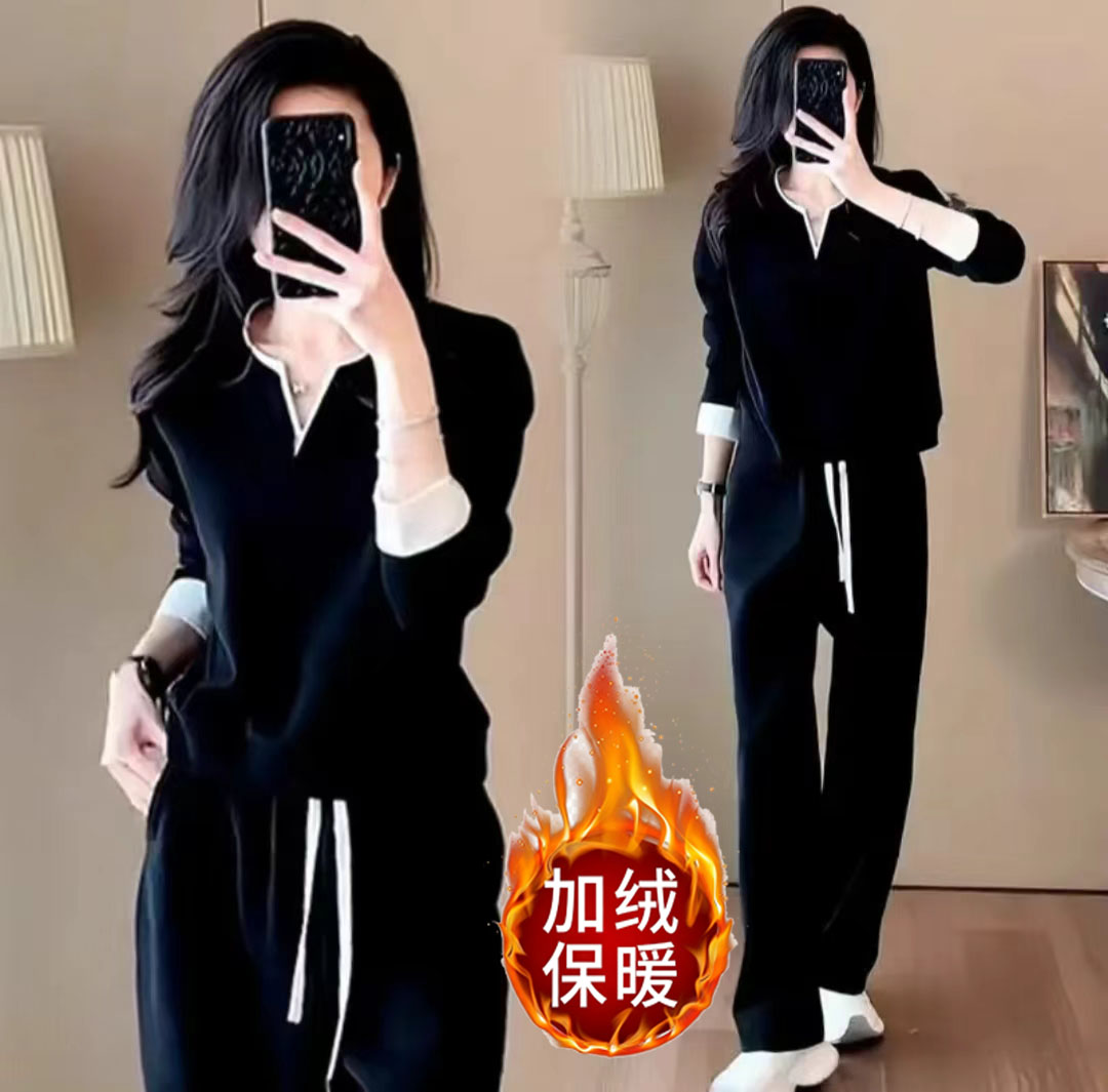 5188休闲风运动套装女2025冬加绒加厚新款韩版宽松卫衣时尚两件套