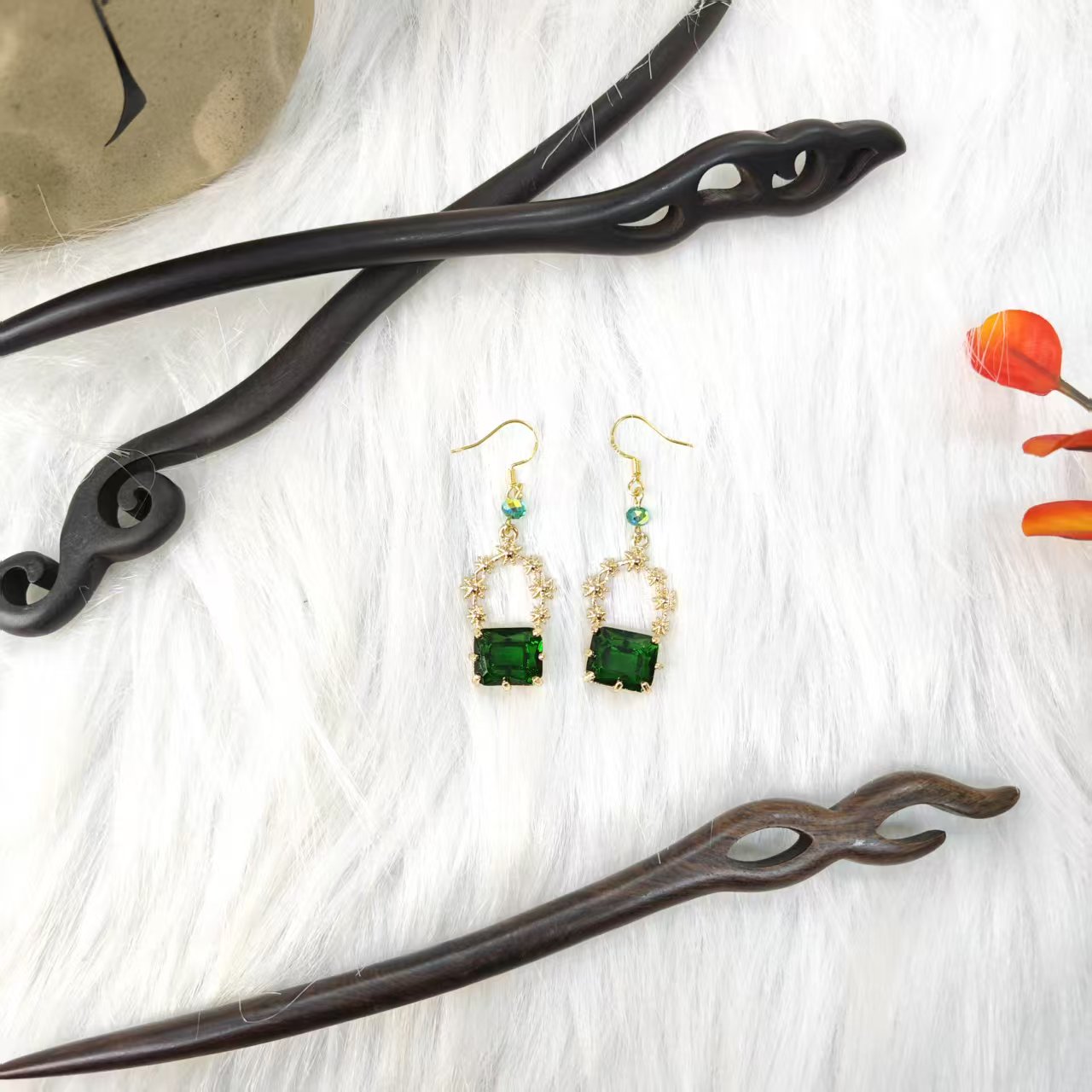 炑歌K430(耳)墨绿色一对挂坠手工头饰发饰中式国风发簪