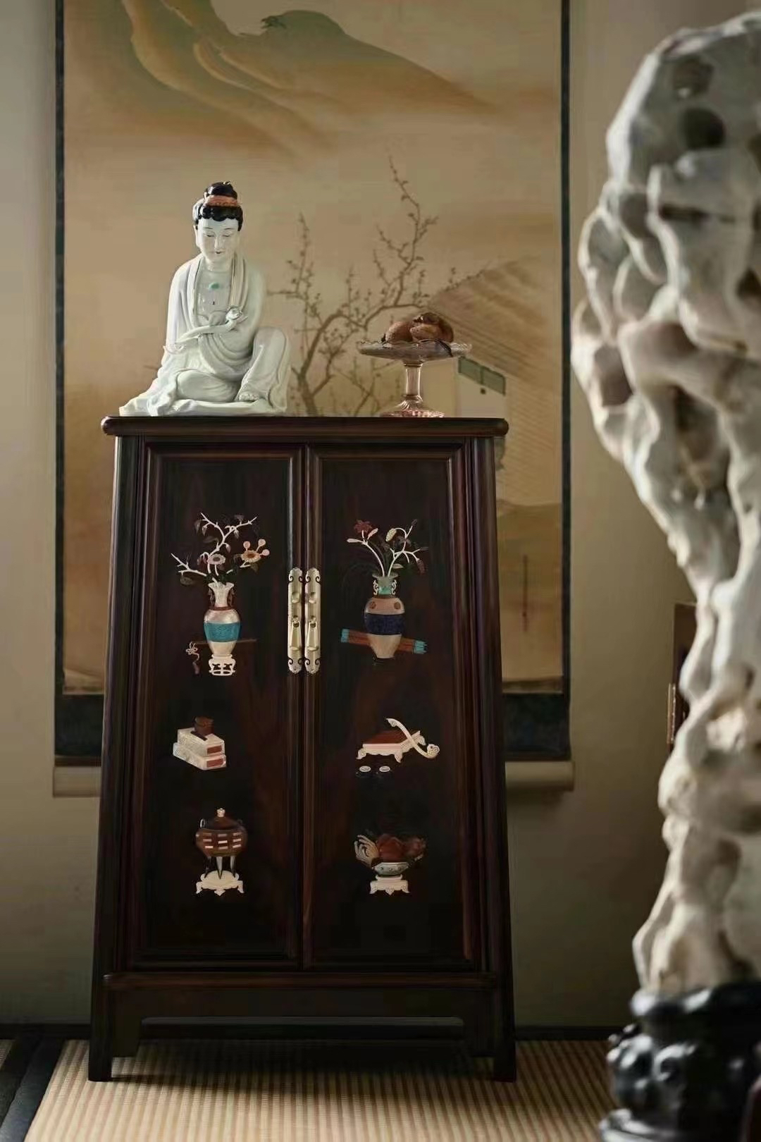 大红酸枝x百宝嵌“清供图”圆角柜44*27*68cm