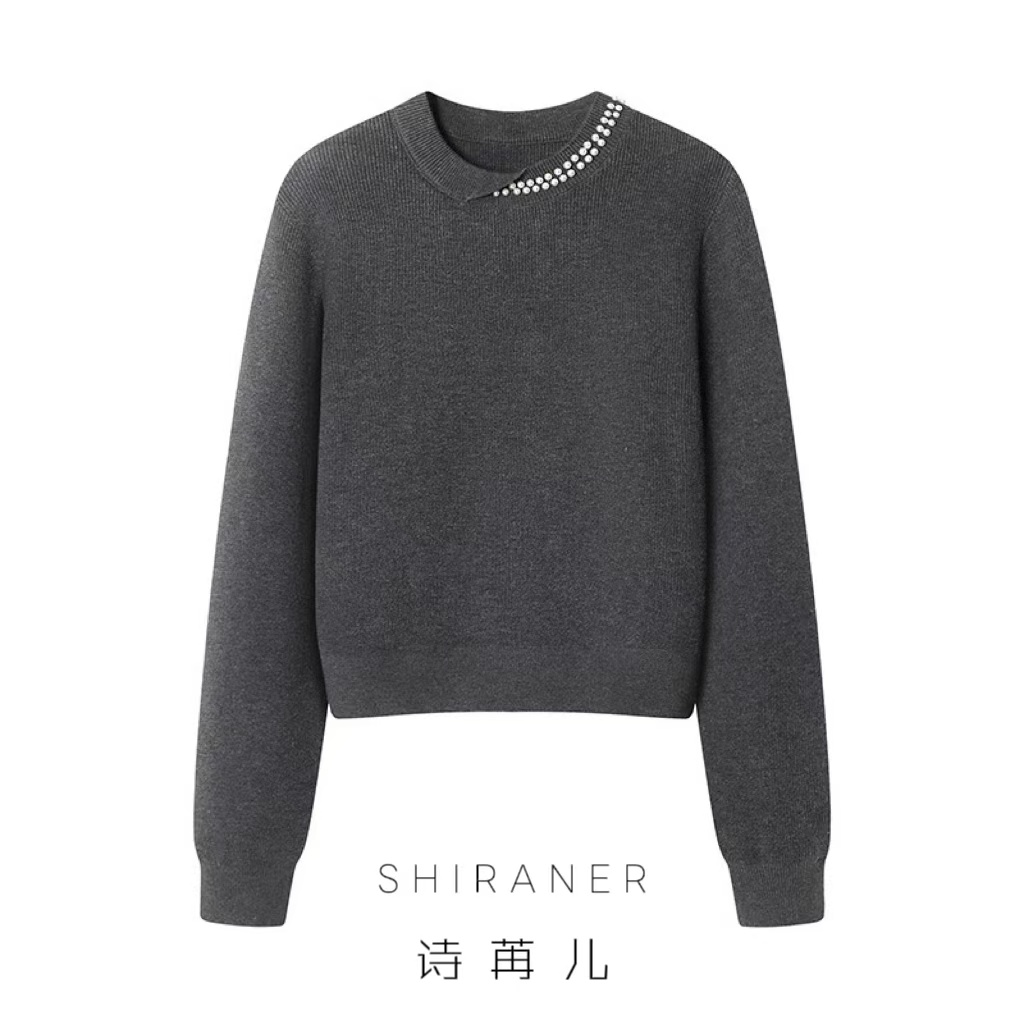 25秋冬韩版简约时尚珍珠针织衫女毛衣打底衫长袖宽松百搭上衣女A2