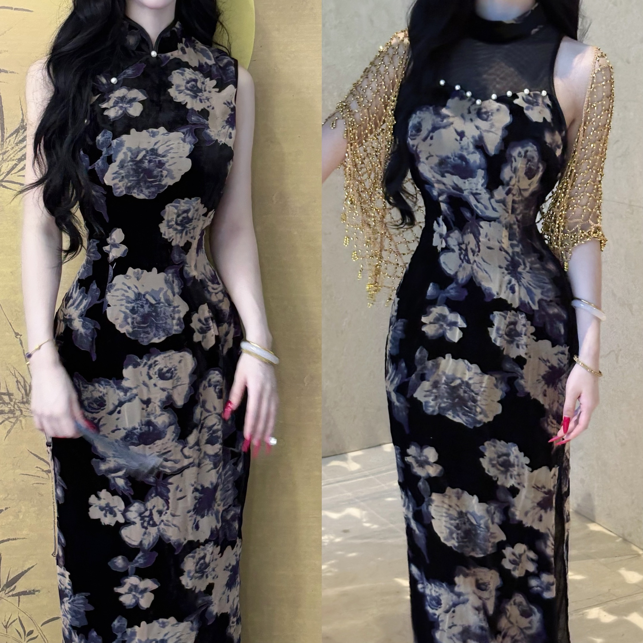 LHMknk1画报夫人原创自制秋冬烂花绒旗袍连衣裙 棠花香