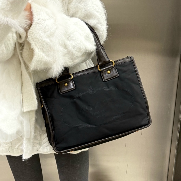 99新 Prada/普拉达 拼皮侧标手提包正面暗纹logo