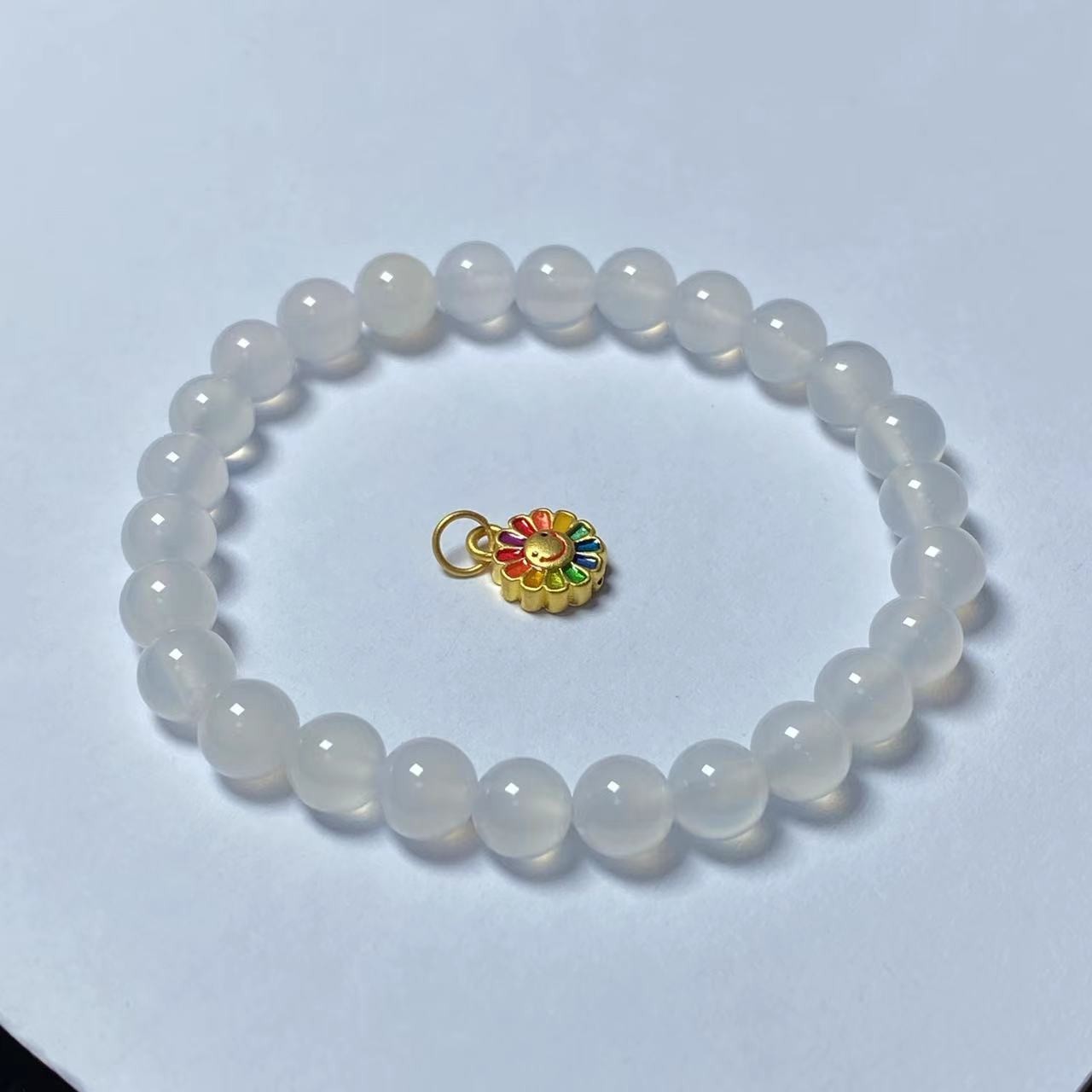 足金999太阳花提溜玛 瑙手串白色@@A310