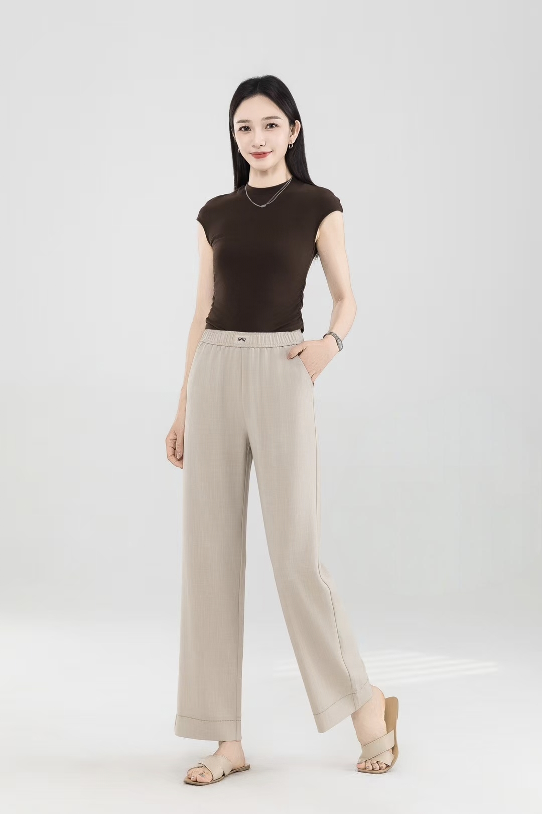 夏季G.D新款极简风高腰显瘦松紧腰九分【直筒】休闲百搭女裤