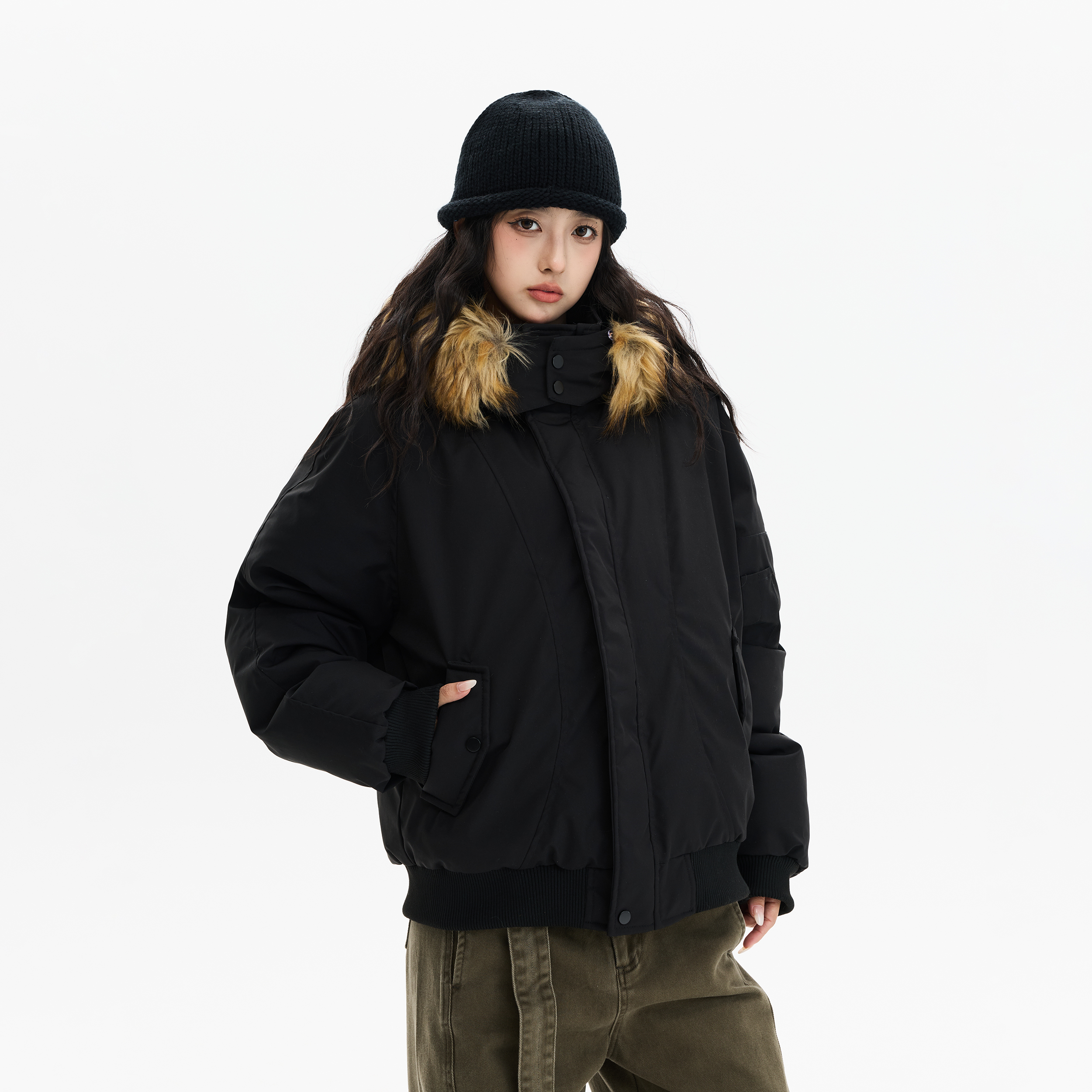 ISLAND冬季加厚美式毛领派克服男女高级感保暖工装棉服情侣外套潮