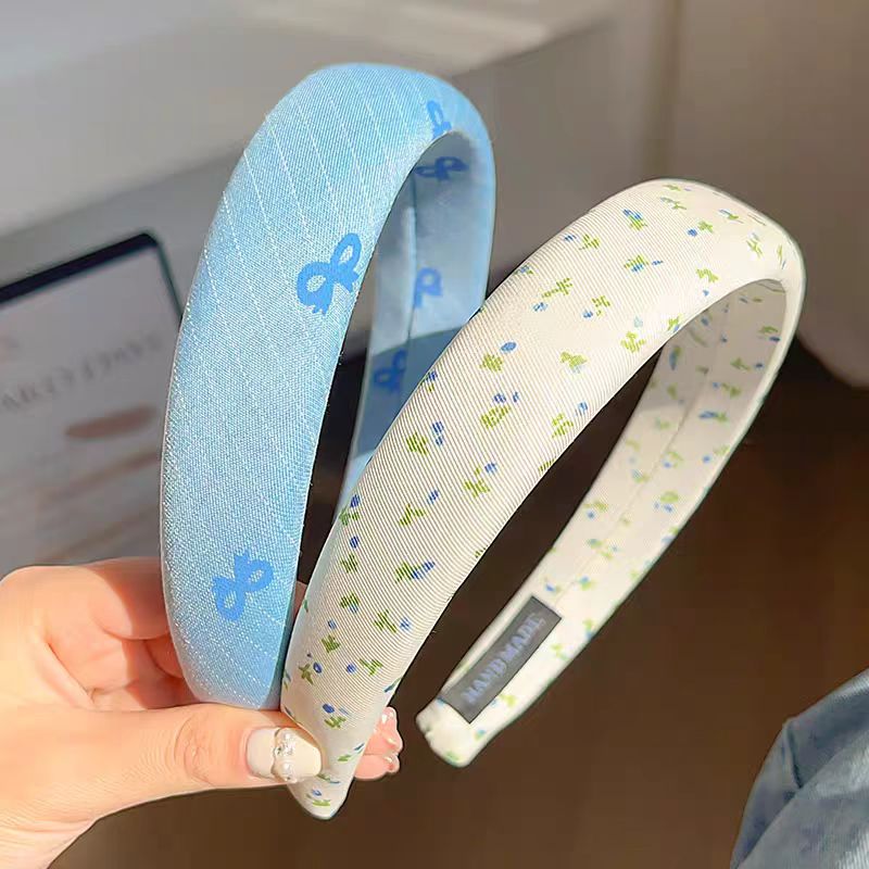 蓝色碎花蝴蝶结高颅顶发箍2025新款气质百搭洗脸头箍发卡少女头饰