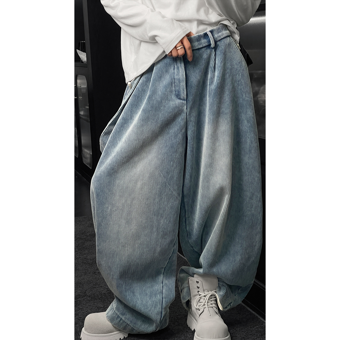 龙叨叨秋冬新品小众设计美式复古肌理感加绒百搭宽松弯刀阔腿长裤