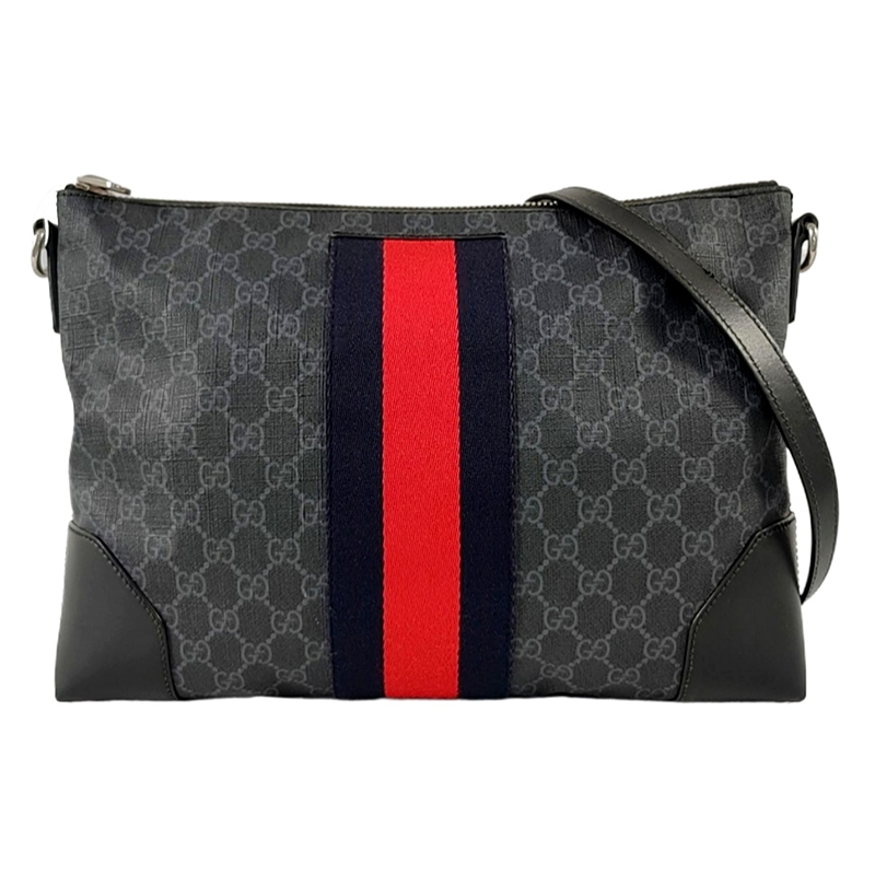 99新 GUCCI/古驰 经典老花Logo条纹织带黑色男士单肩包