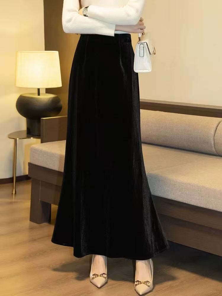 6597#【裙长99】2025新款气质时尚加绒加厚丝绒半身裙