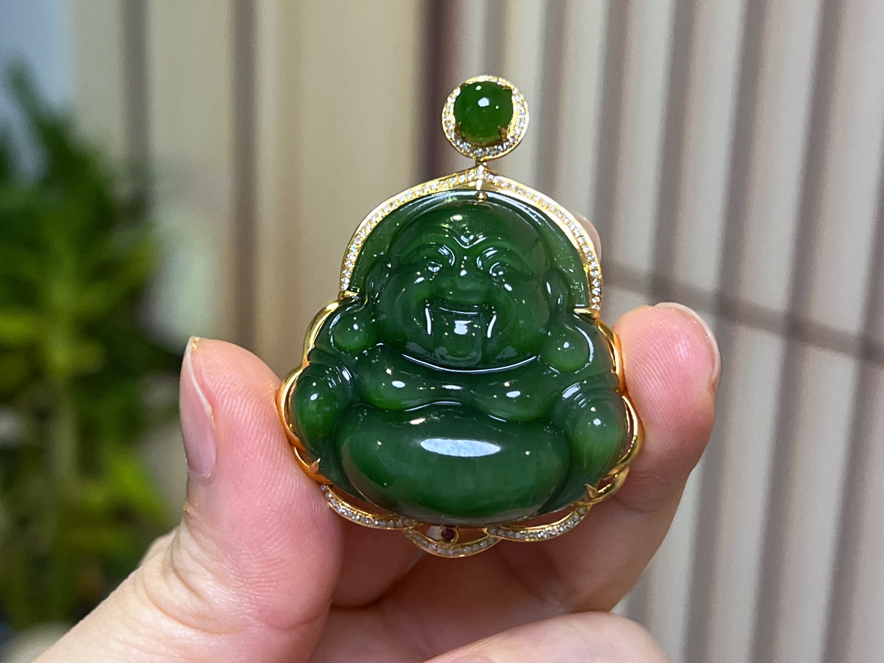 【玉缘汇】精品18k金和田玉碧玉老坑冰绿佛公裸石35mm精致大气