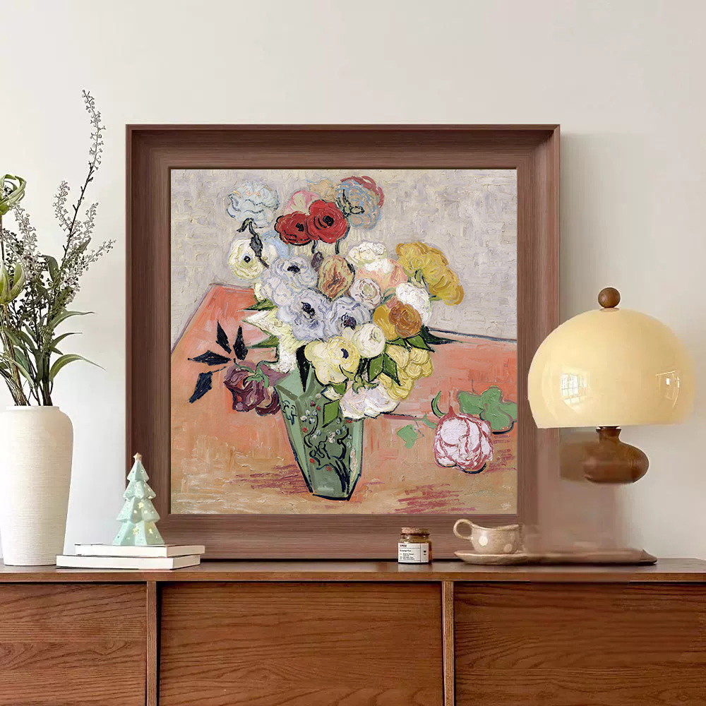 A34梵高世界名画玫瑰与银莲花装饰挂画客厅原木风餐厅卧室风景油