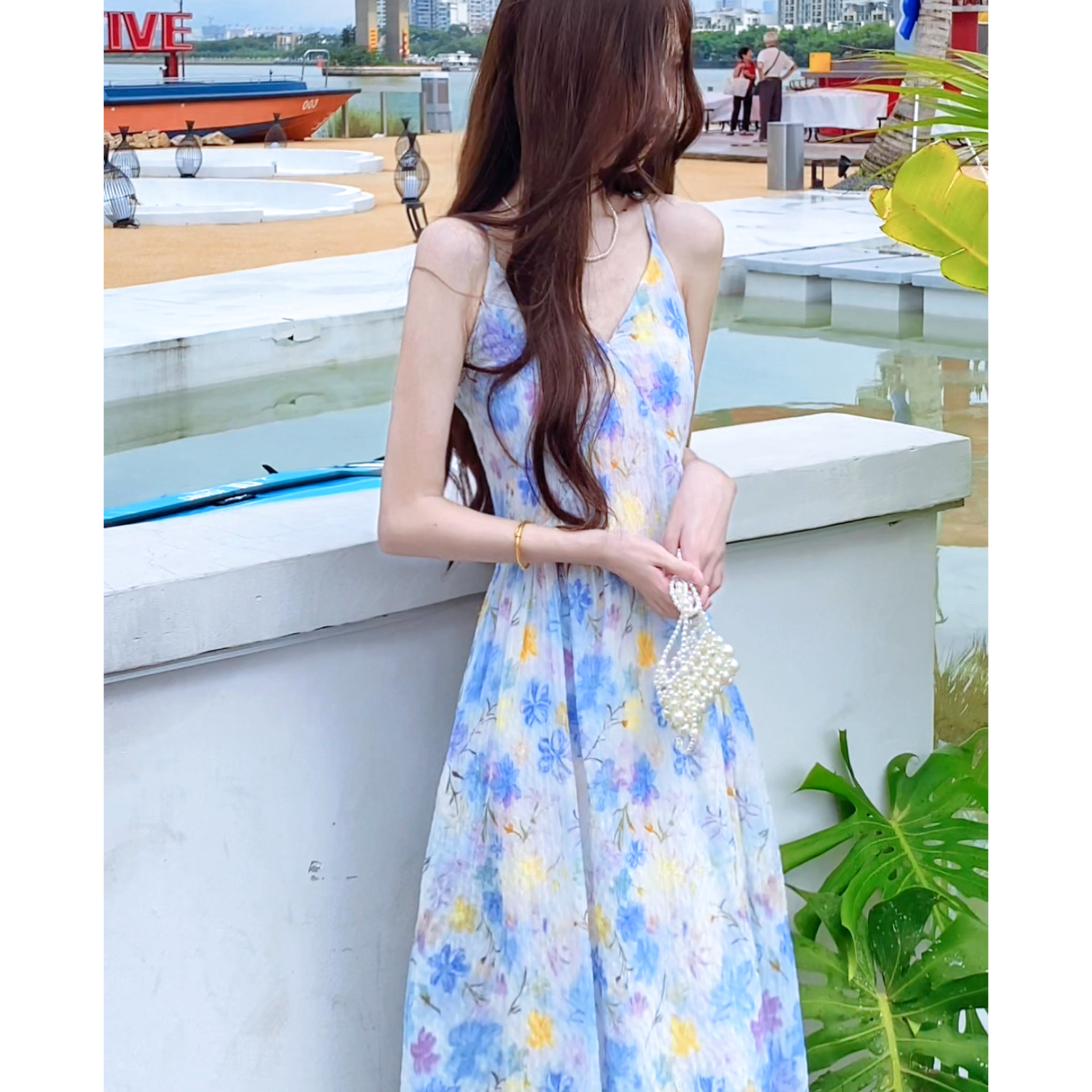 【有口袋】碎花裙海边度假沙滩裙油画吊带连衣裙超好看气质长裙7008