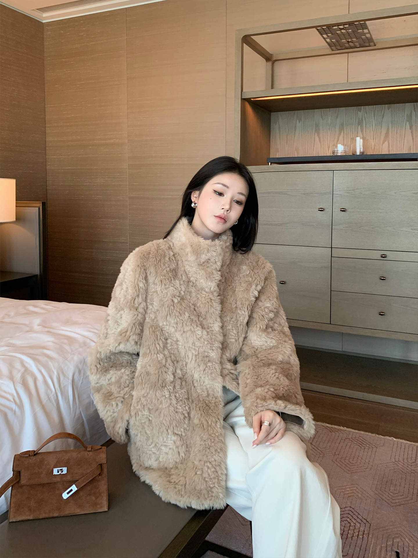 人造皮草 不冷BULENG    加厚仿皮草泰迪羊羔毛外套