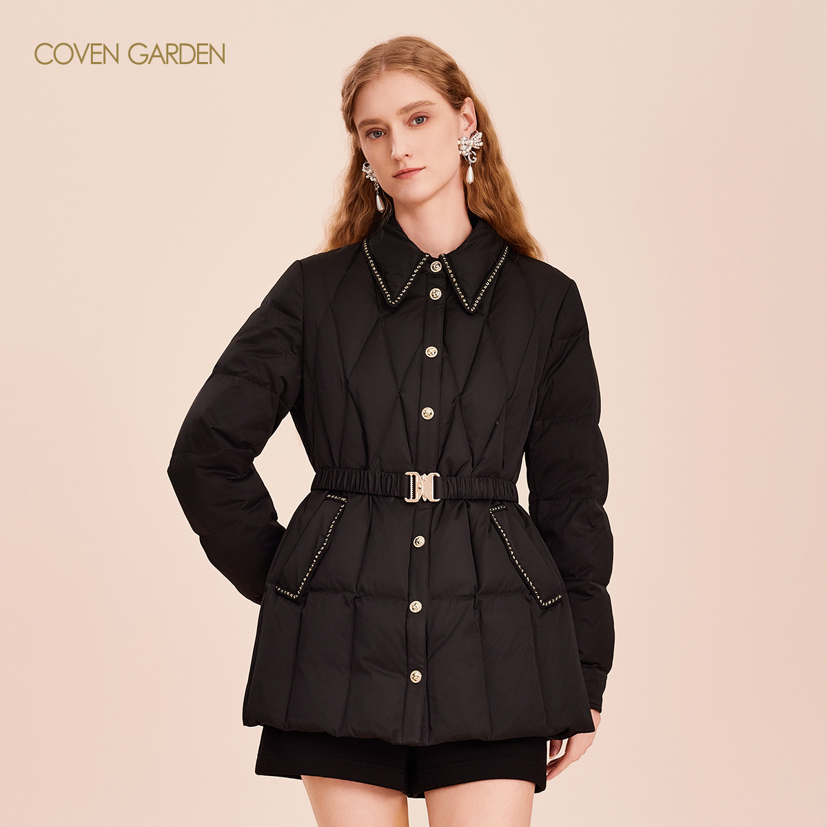 【陈大可专属】哥文花园秋冬修身黑色收腰中长款羽绒服女CLA4336490