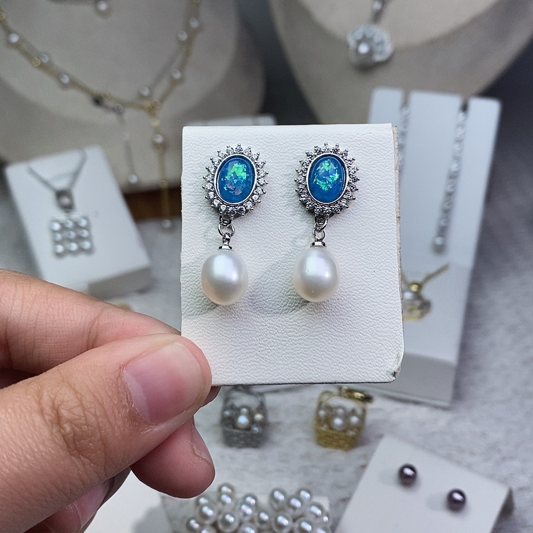 银S925镶嵌淡水珍珠耳饰