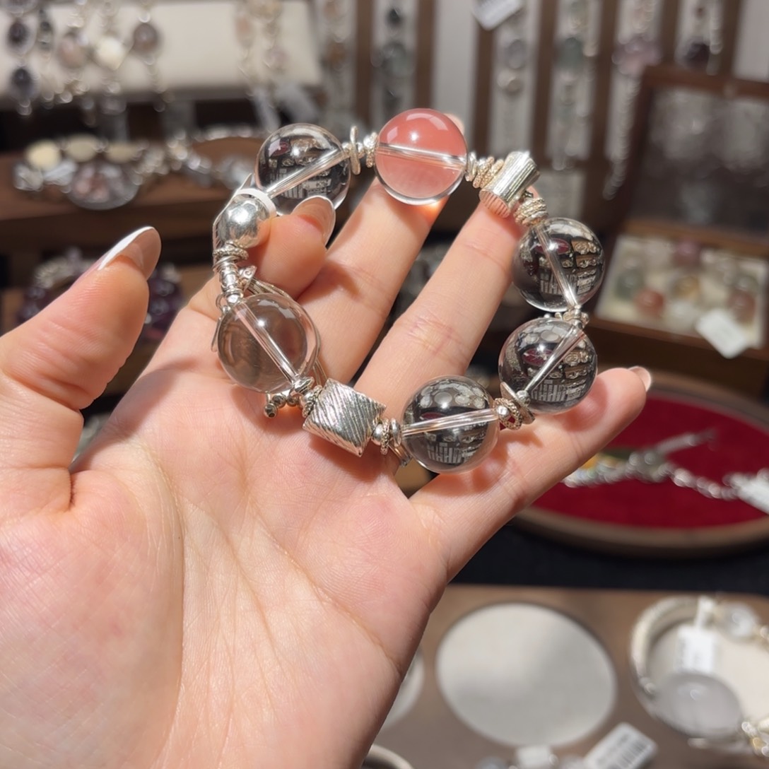 水晶手串银S925镶嵌?****?浅茶