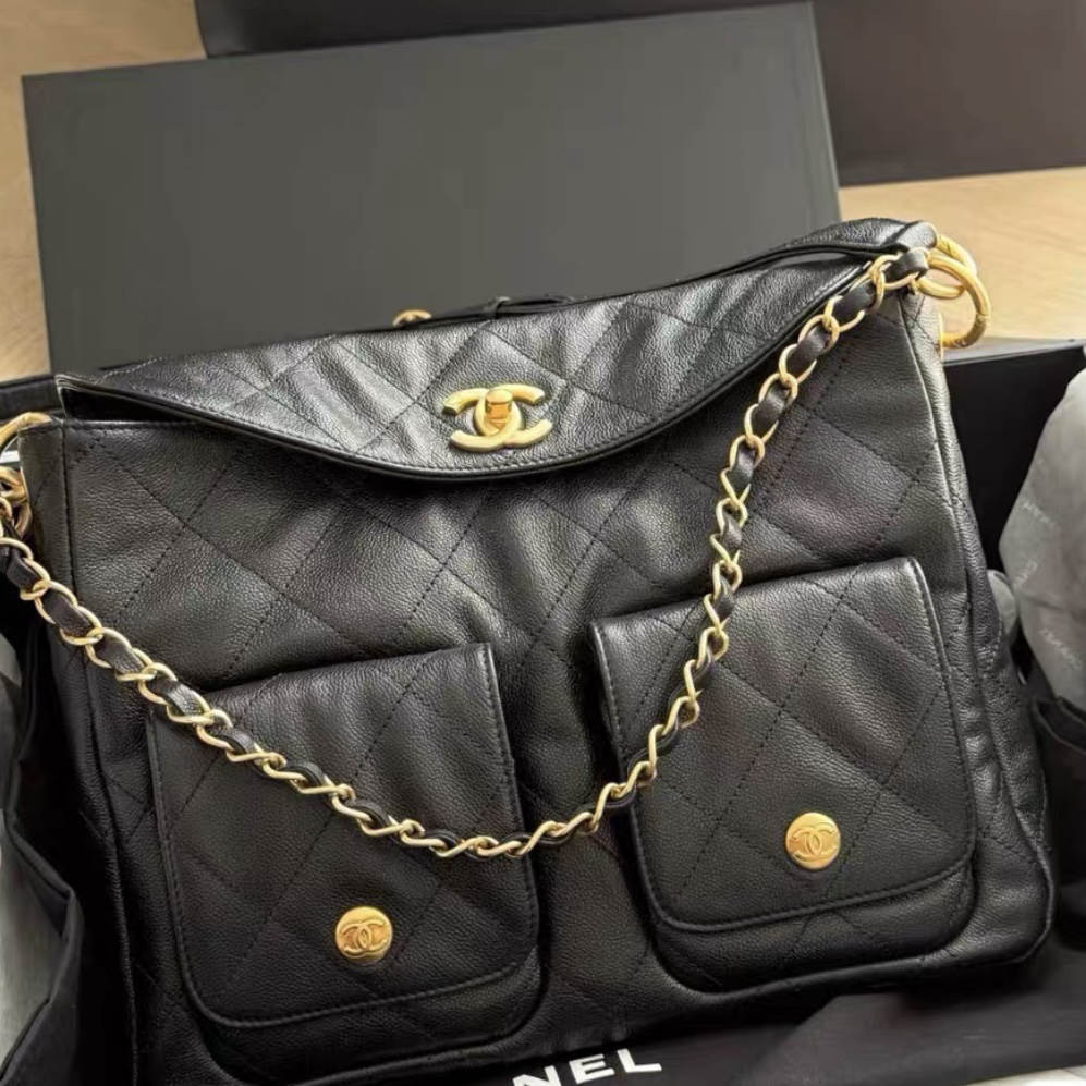 未使用 Chanel/香奈儿 黑金嬉皮包大号 hobo芯片款 斜挎包