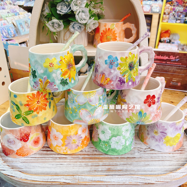 现货濑户烧新款竹杯大容量水杯果汁杯陶瓷釉下彩手绘杯茶杯早餐杯