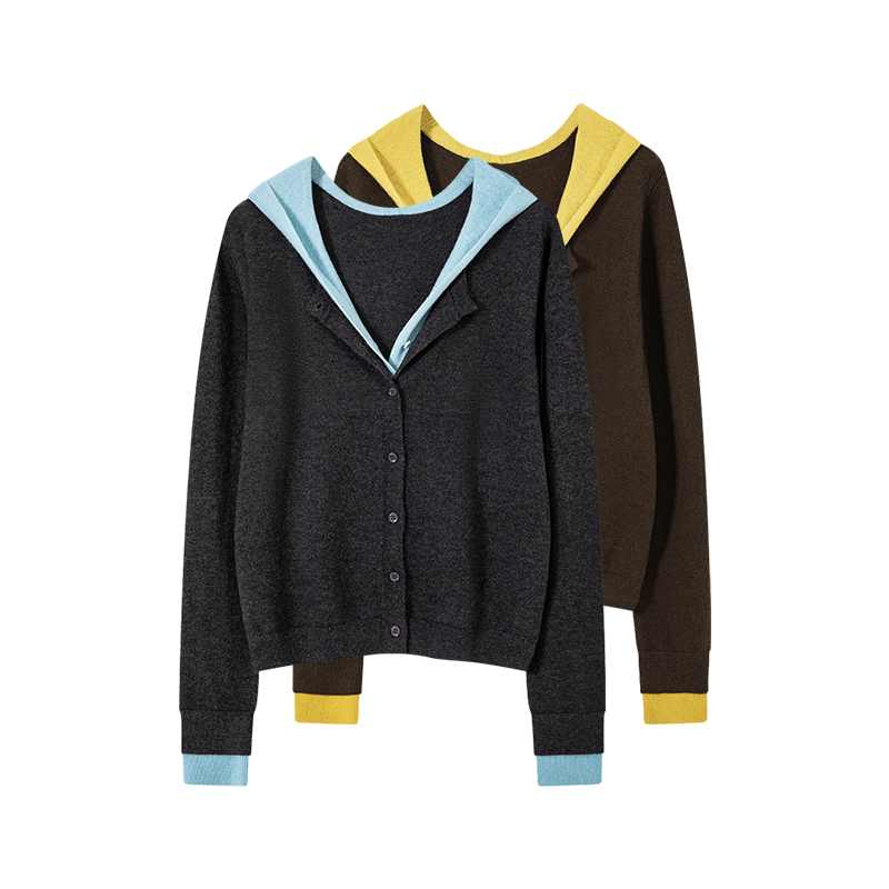 RAIN.CUN芙萱·秋冬新款假两件连帽开衫外套百搭长袖针织衫女11991