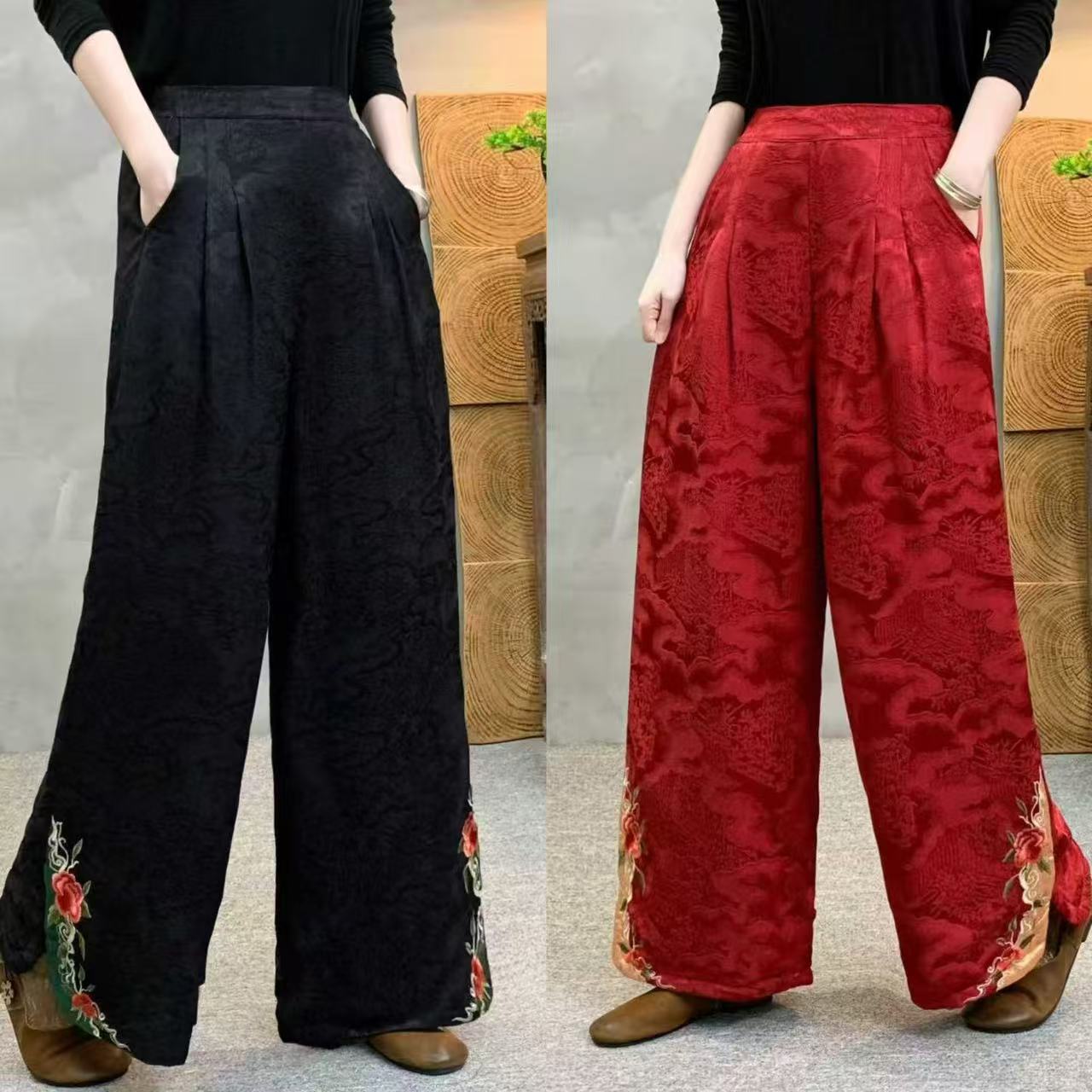 民族风冬季保暖女裤休闲裤绣花棉裤裤子松紧腰