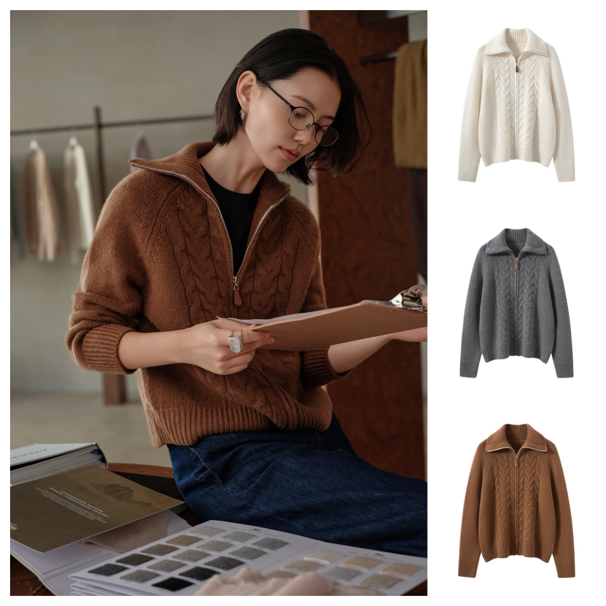 时髦老钱～3针加厚翻领拉链立体绞花100%山羊绒针织衫宽松#2533