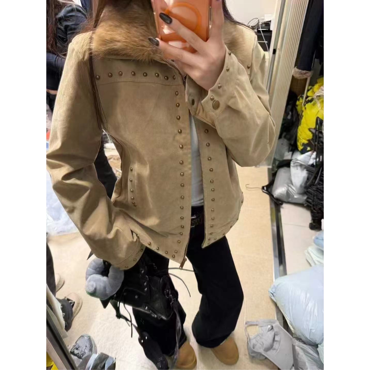 冬季美拉德麂皮绒铆钉夹棉外套女美式复古可拆毛领保暖夹克