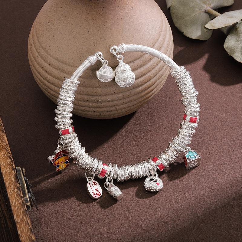 足银手镯 A12小财神盘缠多宝手镯新中式七夕节送女友盘缠高级感