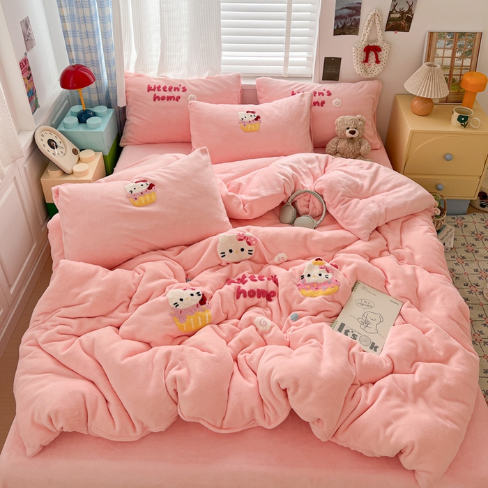 ins风可爱卡通毛巾绣牛奶绒冬季保暖加厚四件套双面绒床单被套