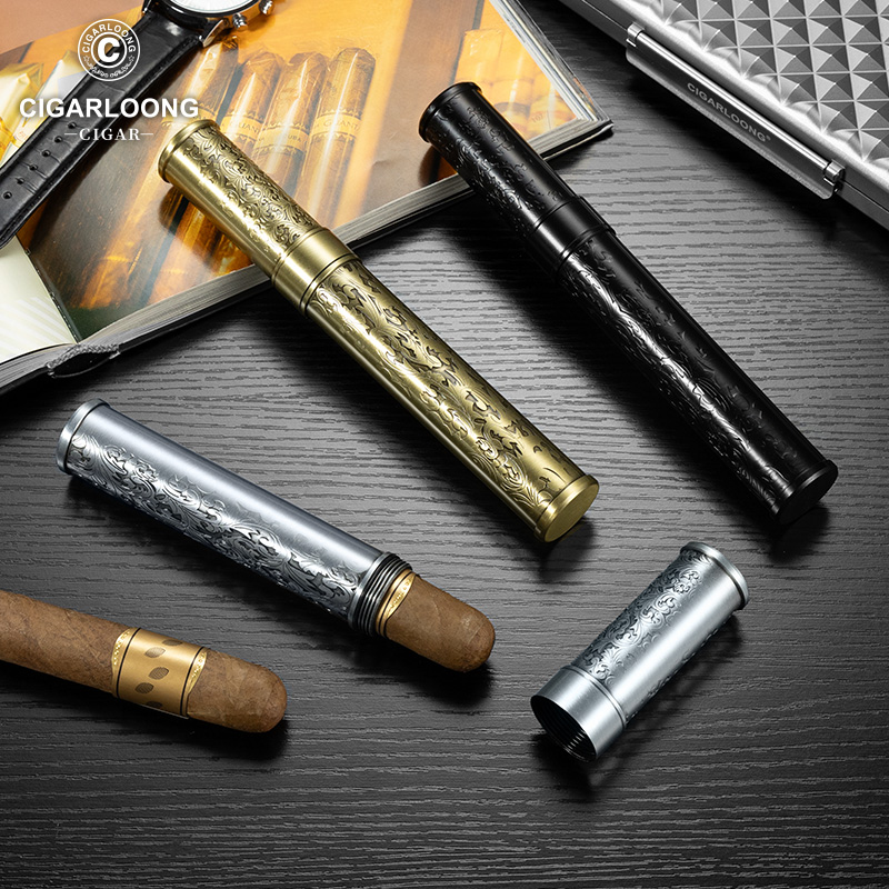 茄龙雪茄管不锈钢大口径单支保湿精美复古雕花便携雪茄管CI-25A1