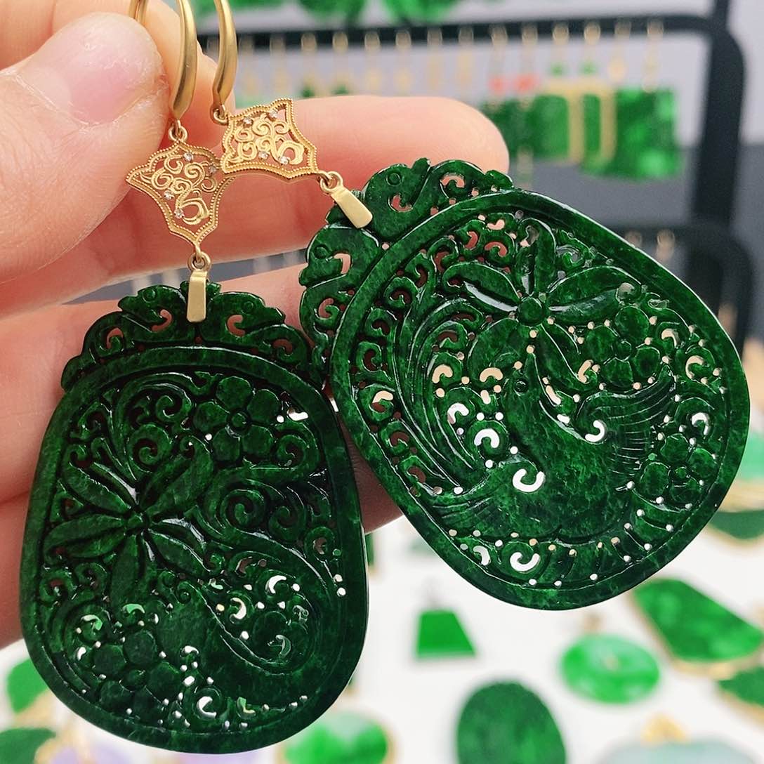 翡翠耳饰18K金镶嵌挂件