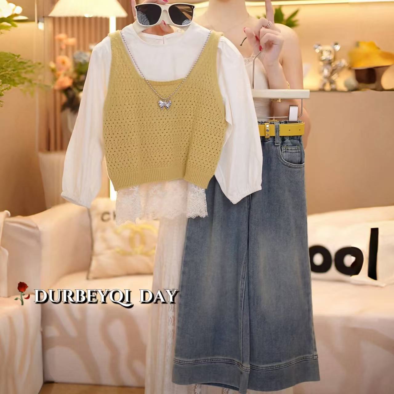 女童2025秋季新款衬衫针织马甲牛仔裤套装5187