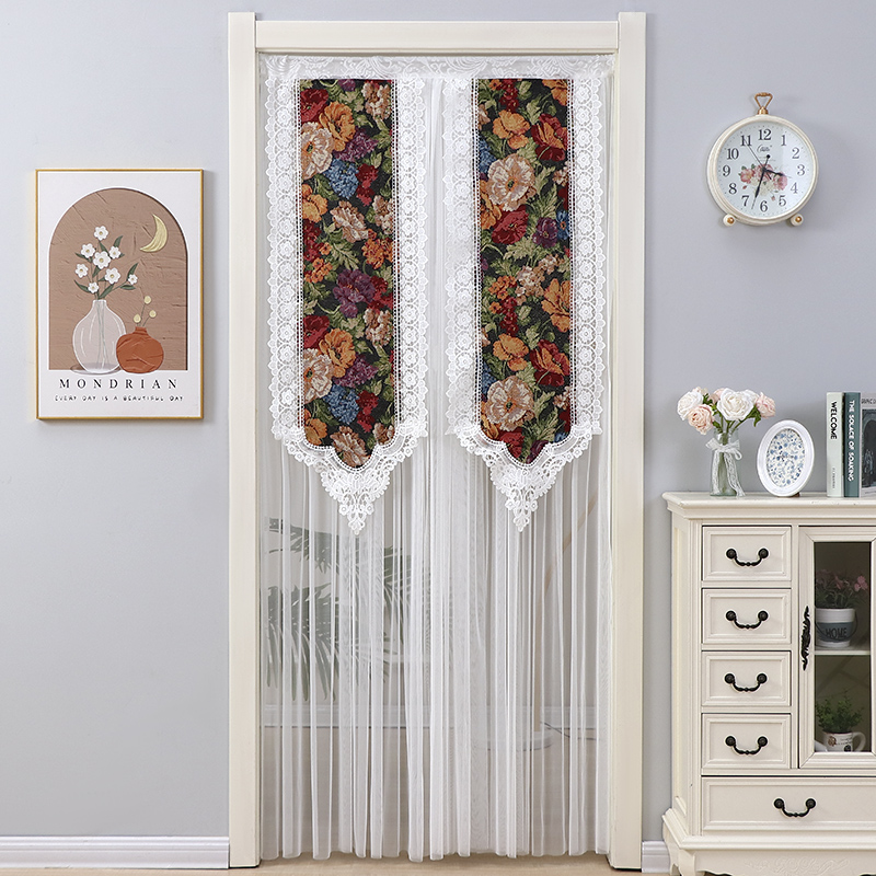 法式门帘四季通用刺绣隔断帘高级感免打孔卧室房间家用蕾丝遮挡帘