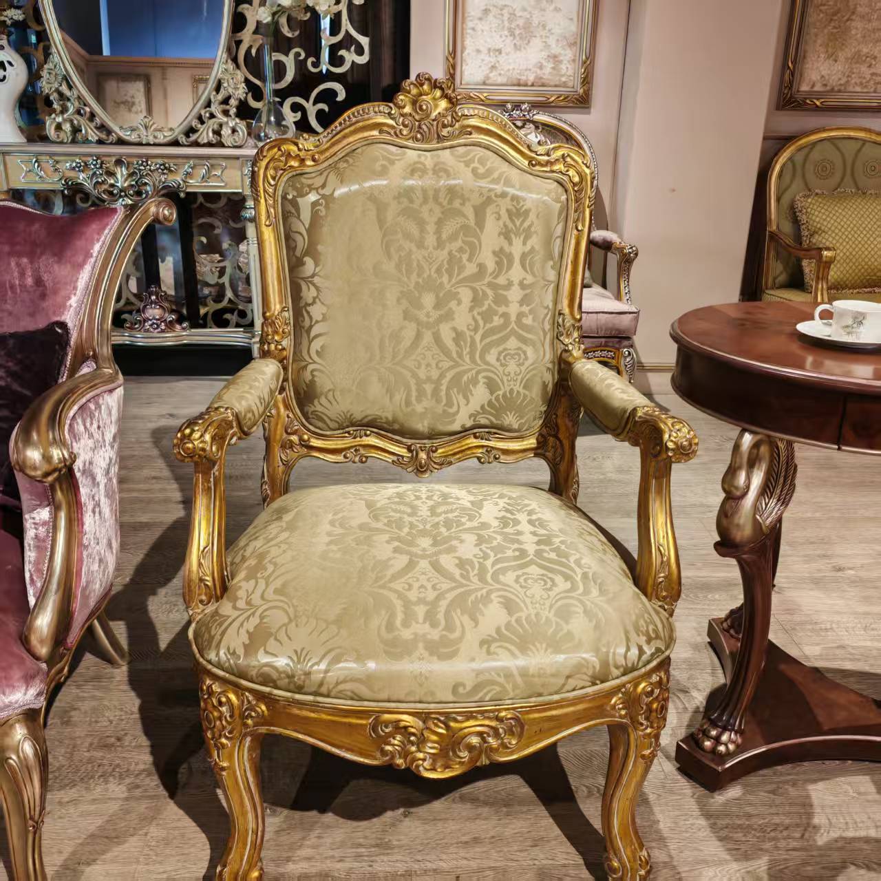 法式宫廷风金箔做旧实木雕花单人沙发椅690*750*1086H