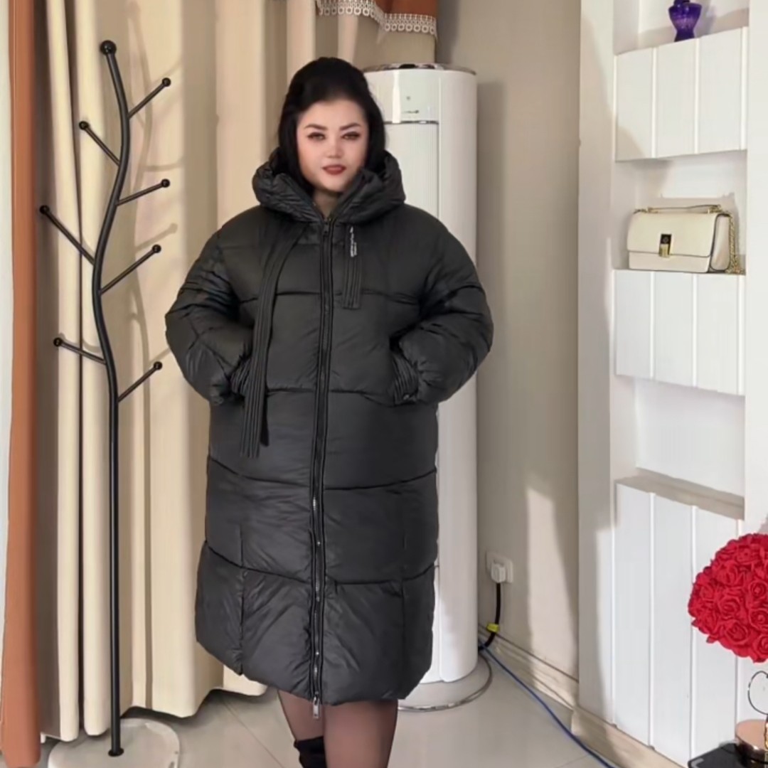 女长款过膝韩版加厚连帽飘带宽松保暖外套时尚百搭冬季