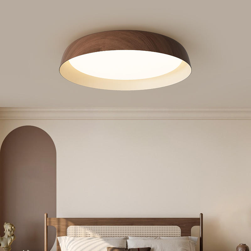 中古卧室灯奶油胡桃木色房间灯中古风圆形简约护眼主卧家用吸顶灯