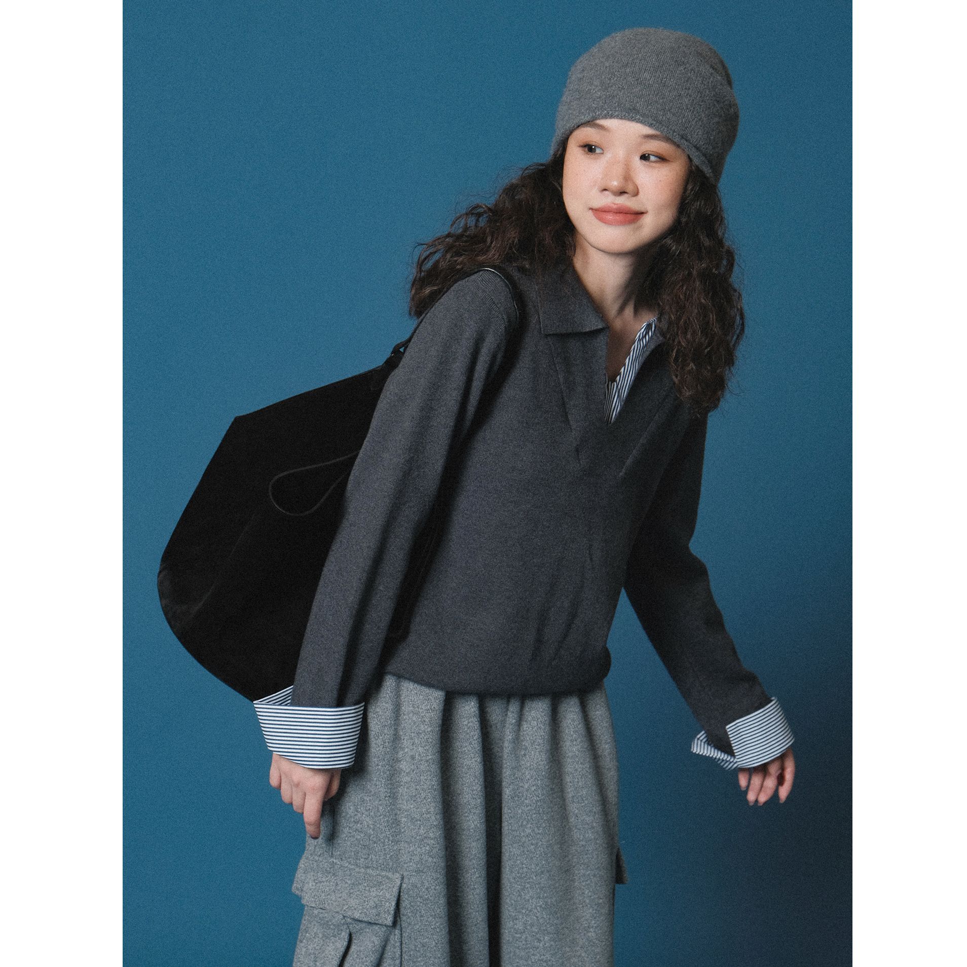 IVY YANG高智风V领假两件条纹拼接上衣