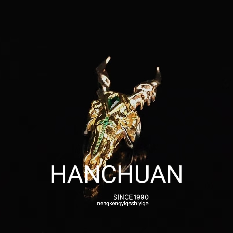 925银银制品 大号羊头三通一个配饰（绿钻）尺寸13*12*26mm文玩配饰