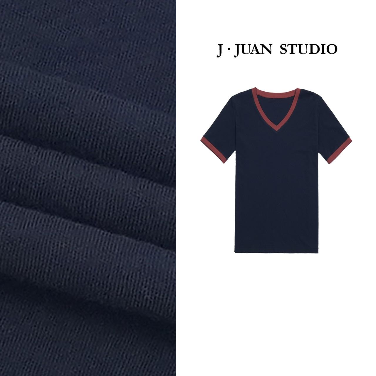 【J.Juan】假日T-夏季撞色短袖V领T恤高个子女装复古百搭Tee