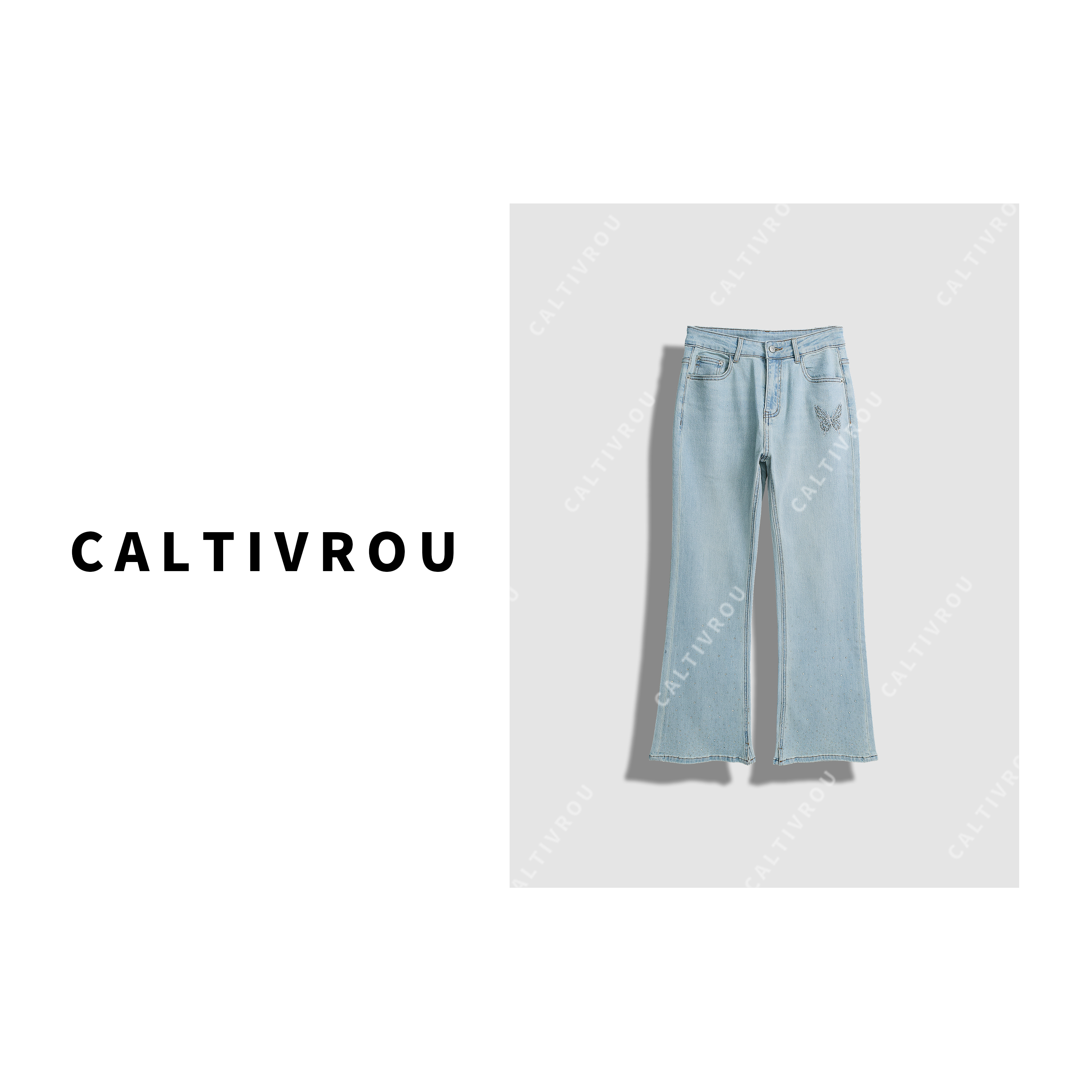 Caltivrou时尚高腰蝴蝶刺绣烫钻喇叭牛仔裤-K14854