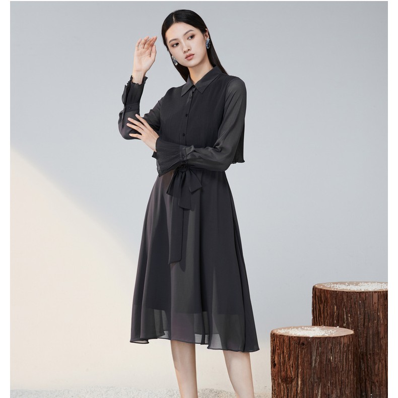 圣迪奥女装时尚气质衬衫领拼接收腰连衣裙S223Z123L